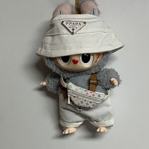 Designer Overalls Bucket Hat Bag 3 Piece Outfit For Labubu White